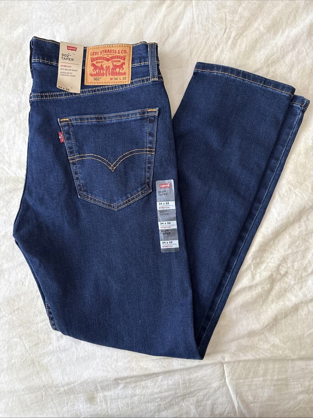 Levi's 502 Regular Fit Zip Fly Tapered Denim Jeans 34X32 Men's Dark Blue Stretch